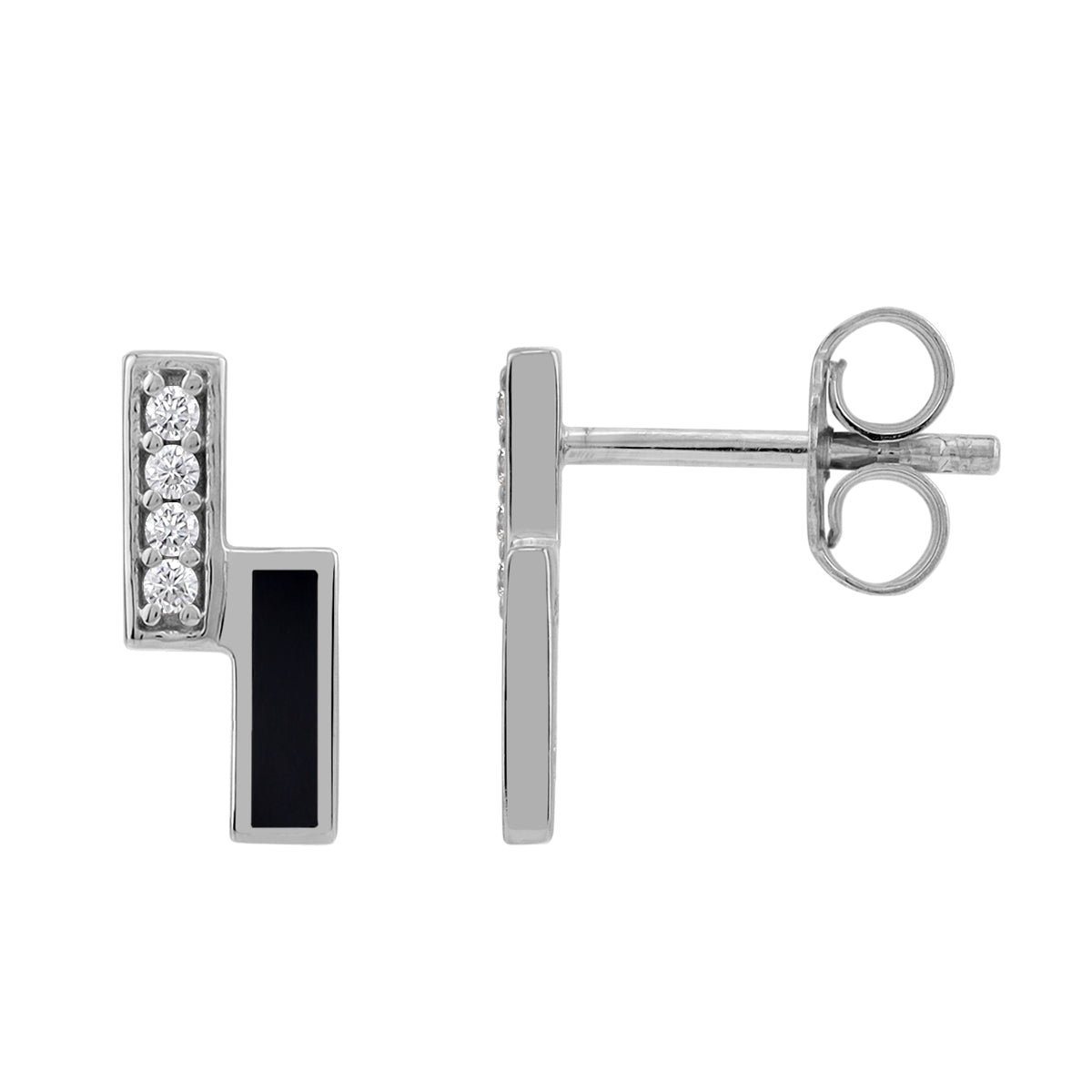Natural Black Onyx Inlay and Cubic Zirconia White Gold Plated 925 Sterling Silver Minimalist Trendy Twin Bar Geometric Stud Post Earrings Jewelry for Women - Silvershake-store