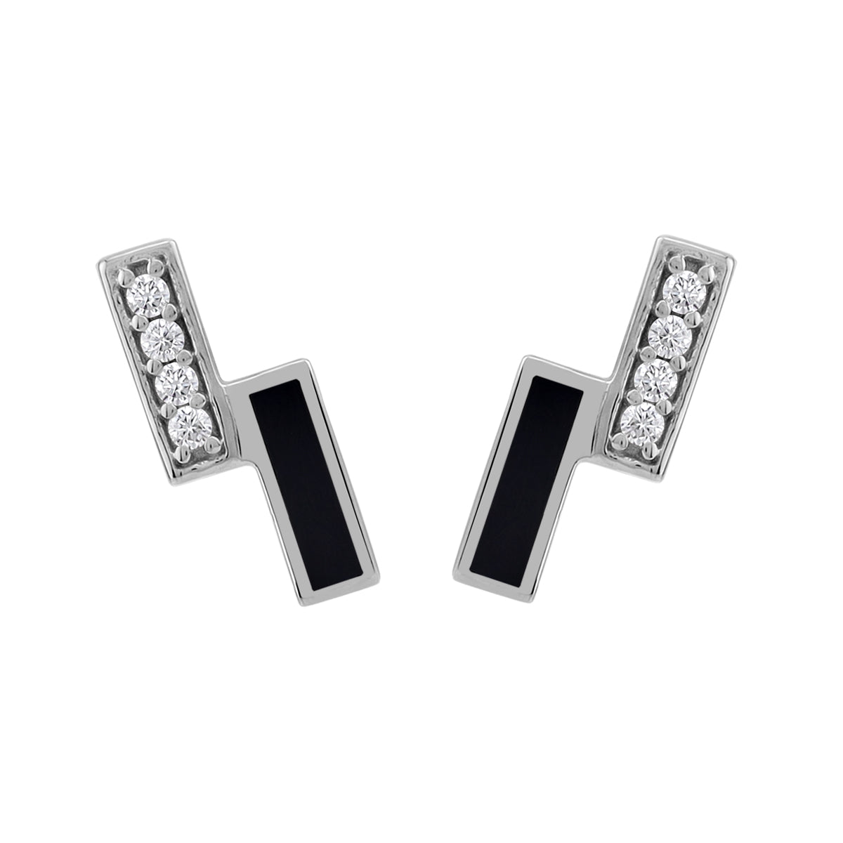 Natural Black Onyx Inlay and Cubic Zirconia White Gold Plated 925 Sterling Silver Minimalist Trendy Twin Bar Geometric Stud Post Earrings Jewelry for Women - Silvershake-store