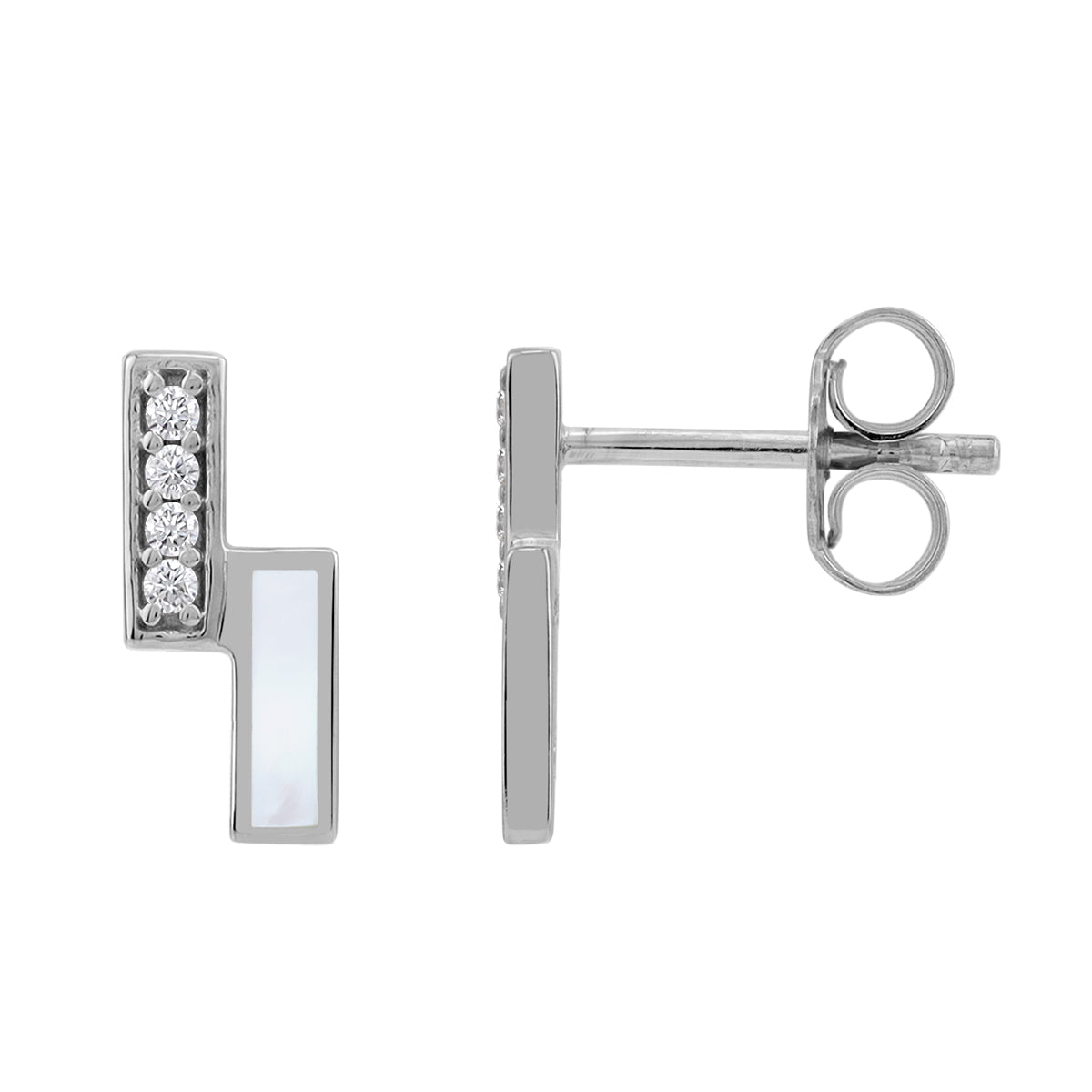 Mother of Pearl Inlay and Cubic Zirconia White Gold Plated 925 Sterling Silver Minimalist Trendy Twin Bar Geometric Stud Post Earrings Jewelry for Women - Silvershake-store