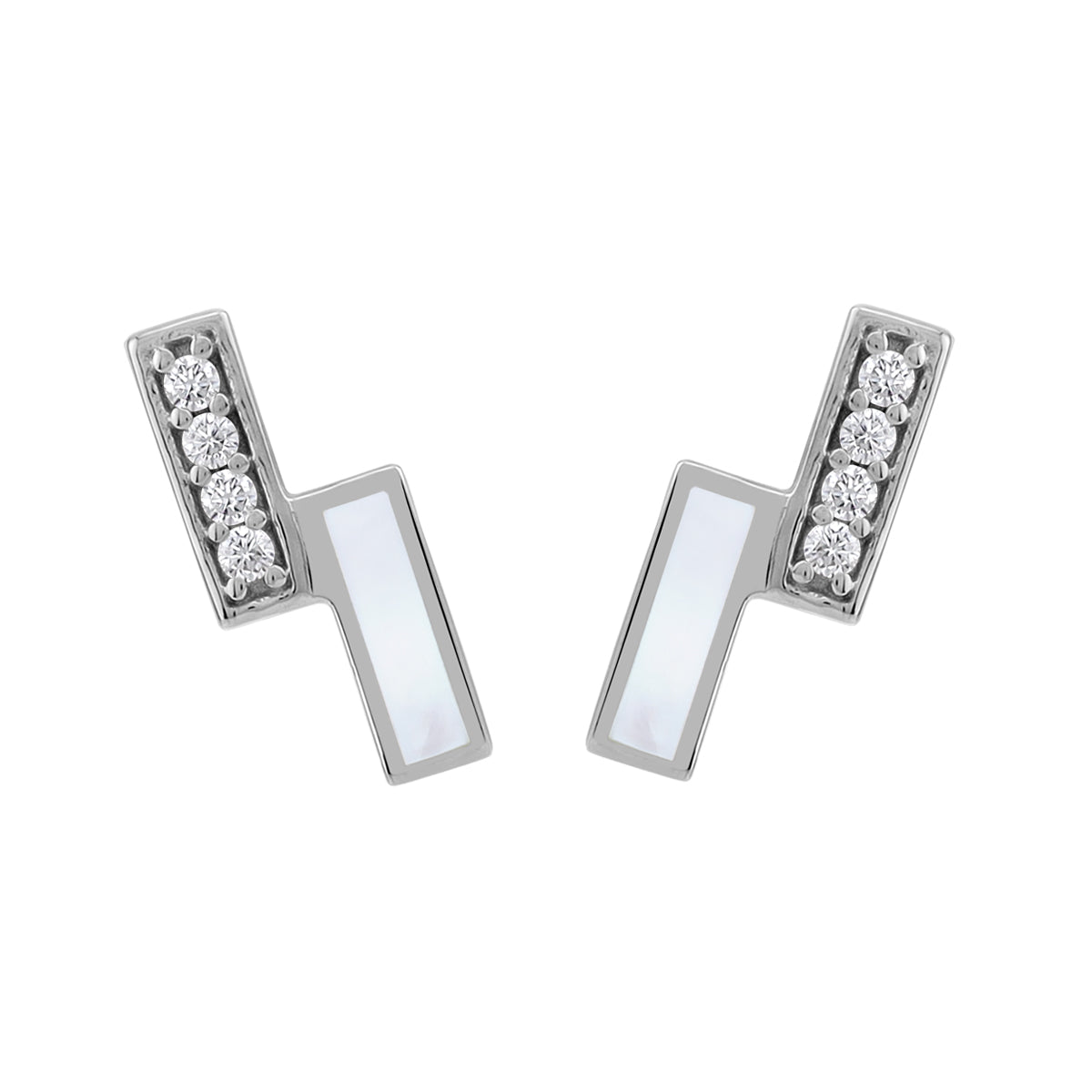 Mother of Pearl Inlay and Cubic Zirconia White Gold Plated 925 Sterling Silver Minimalist Trendy Twin Bar Geometric Stud Post Earrings Jewelry for Women - Silvershake-store