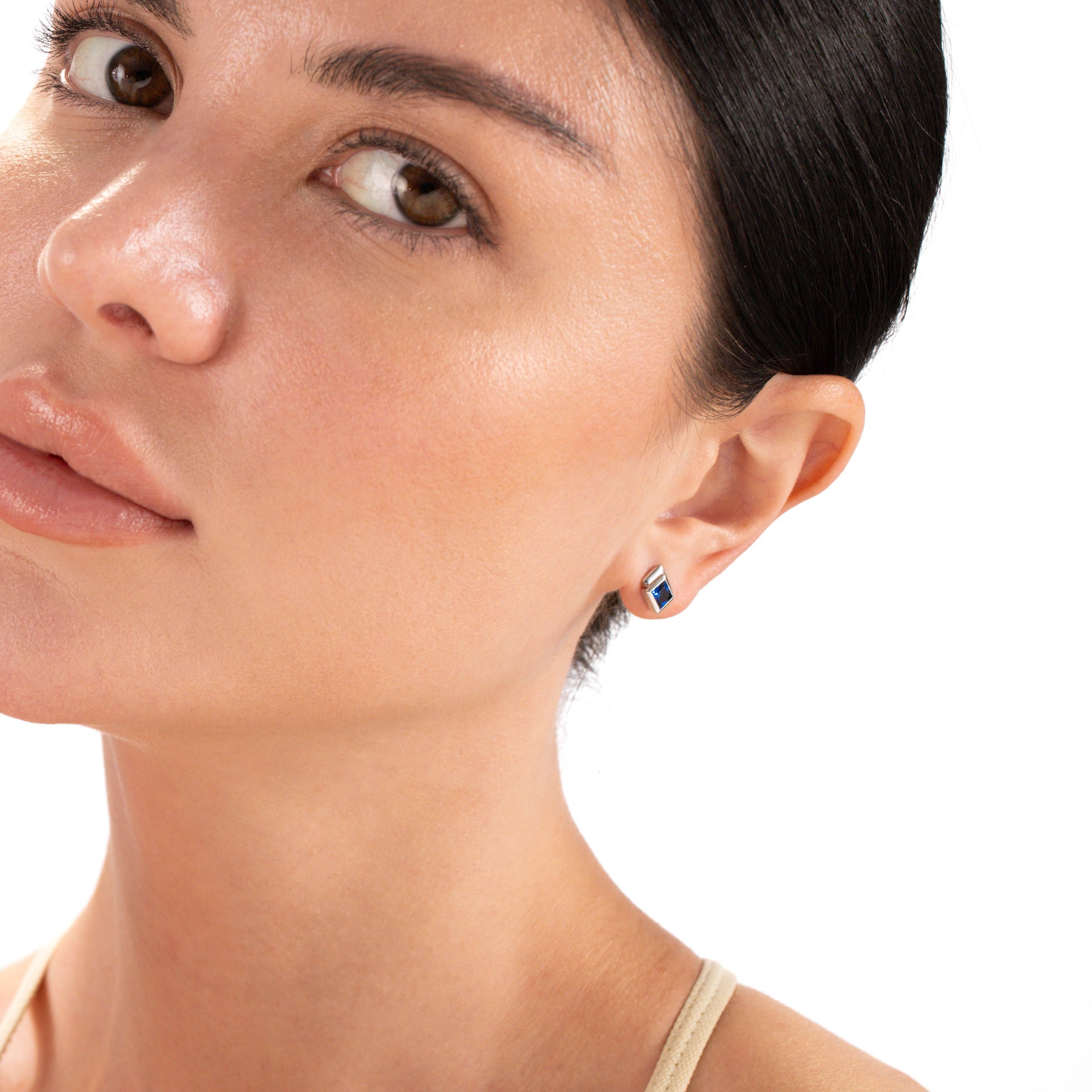 4MM Created Blue Sapphire White Gold Plated 925 Sterling Silver Minimalist Square Geometric Stud Post Earrings September Gemstone Birthstone Jewelry for Women - Silvershake-store