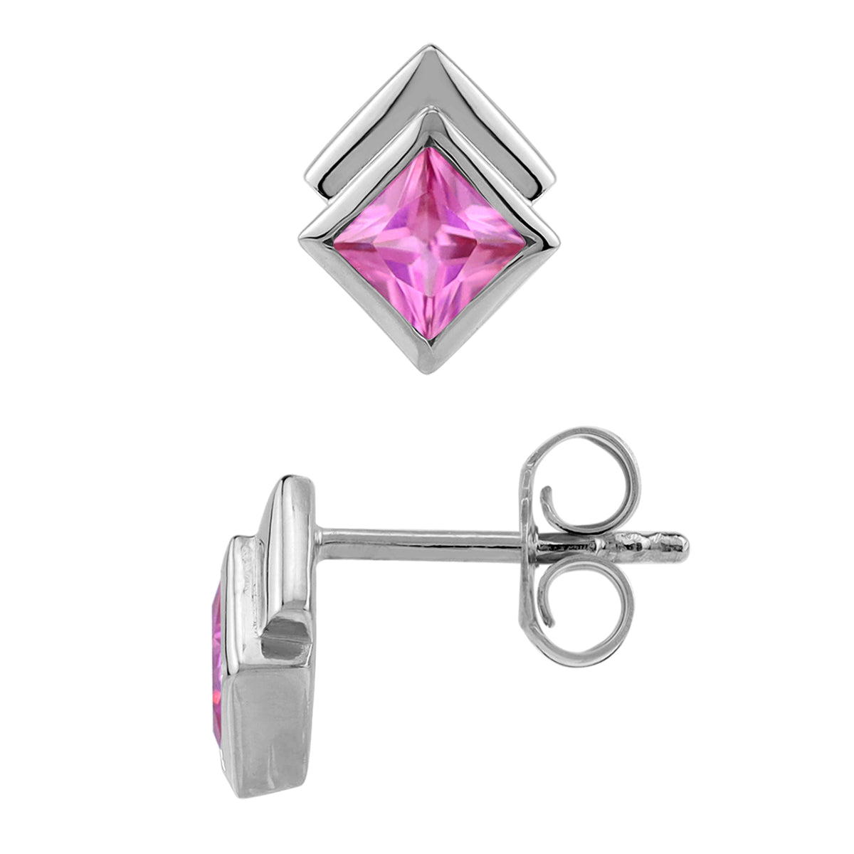 4MM Created Pink Tourmaline White Gold Plated 925 Sterling Silver Minimalist Square Geometric Stud Post Earrings October Gemstone Birthstone Jewelry for Women - Silvershake-store