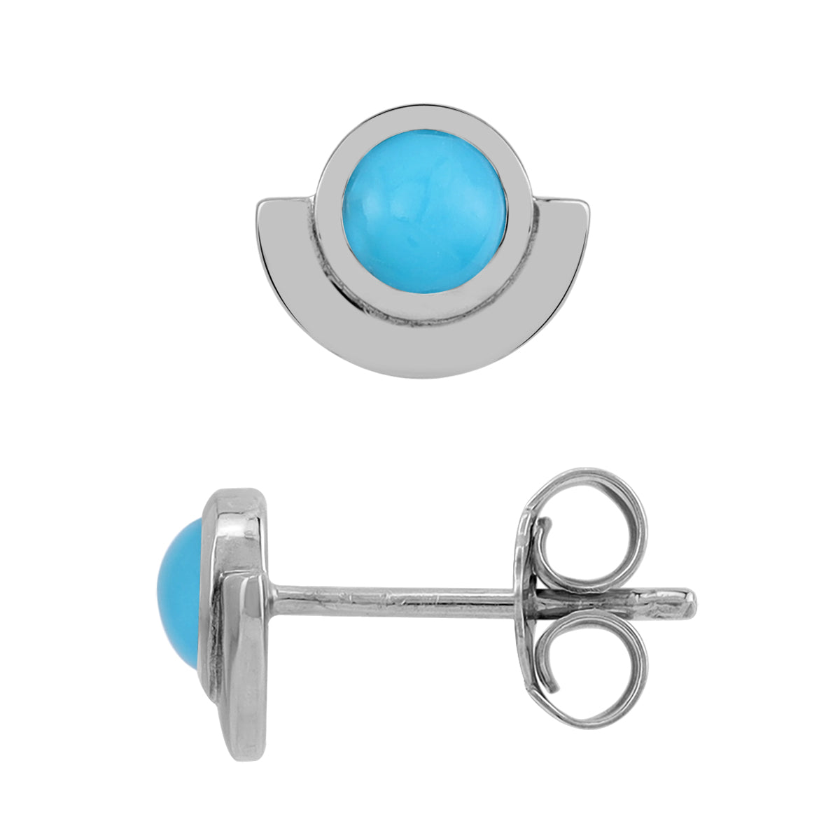 4MM Genuine Round Shape Arizona American Turquoise White Gold Plated 925 Sterling Silver Minimalist Half Circle Trendy Chic Stud Earrings December Gemstone Birthstone Jewelry for Women - Silvershake-store
