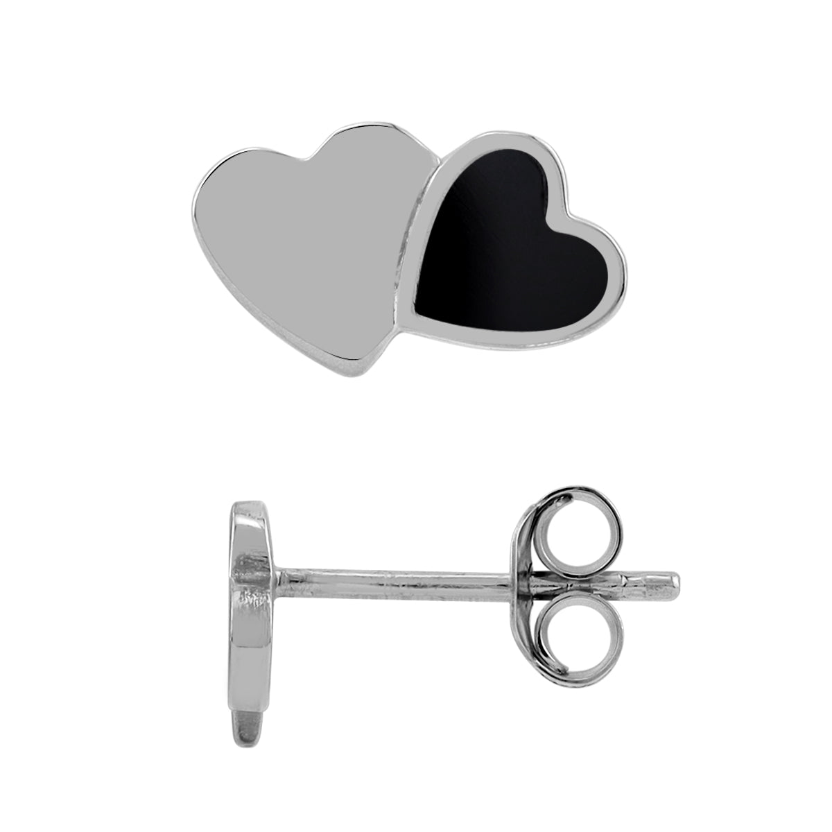 Natural Black Onyx Inlay White Gold Plated 925 Sterling Silver Minimalist Twin Heart Casual Love Stud Post Earrings Jewelry for Women - Silvershake-store