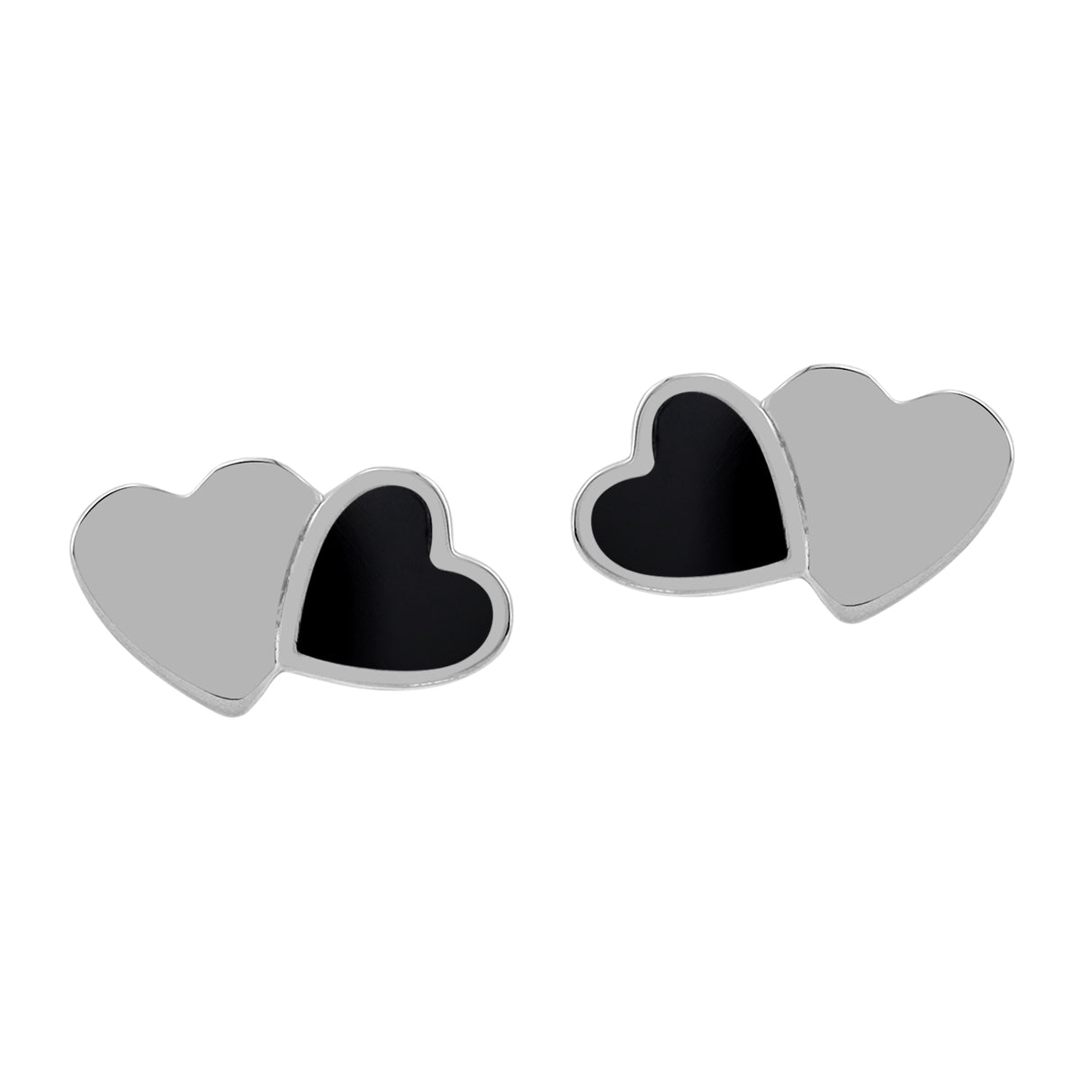 Natural Black Onyx Inlay White Gold Plated 925 Sterling Silver Minimalist Twin Heart Casual Love Stud Post Earrings Jewelry for Women - Silvershake-store