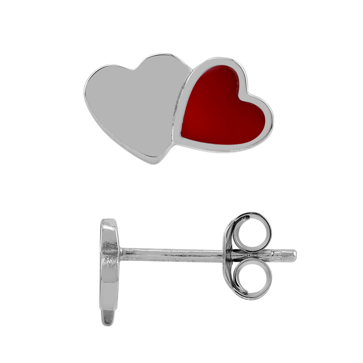 Created Red Coral Inlay White Gold Plated 925 Sterling Silver Minimalist Twin Heart Casual Love Stud Post Earrings Jewelry for Women - Silvershake-store