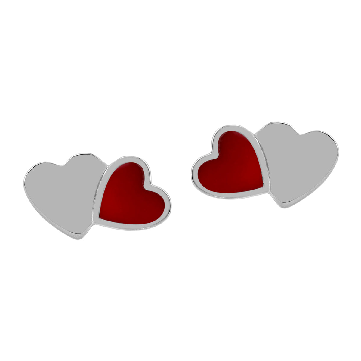 Created Red Coral Inlay White Gold Plated 925 Sterling Silver Minimalist Twin Heart Casual Love Stud Post Earrings Jewelry for Women - Silvershake-store