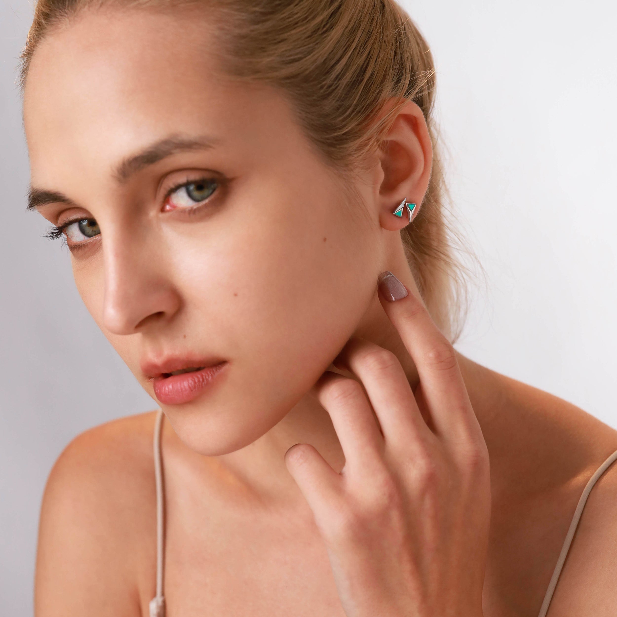 Created Red Coral Inlay White Gold Plated 925 Sterling Silver Minimalist Triangle Design Geometric Trendy Chic Stud Post Earrings Jewelry for Women - Silvershake-store