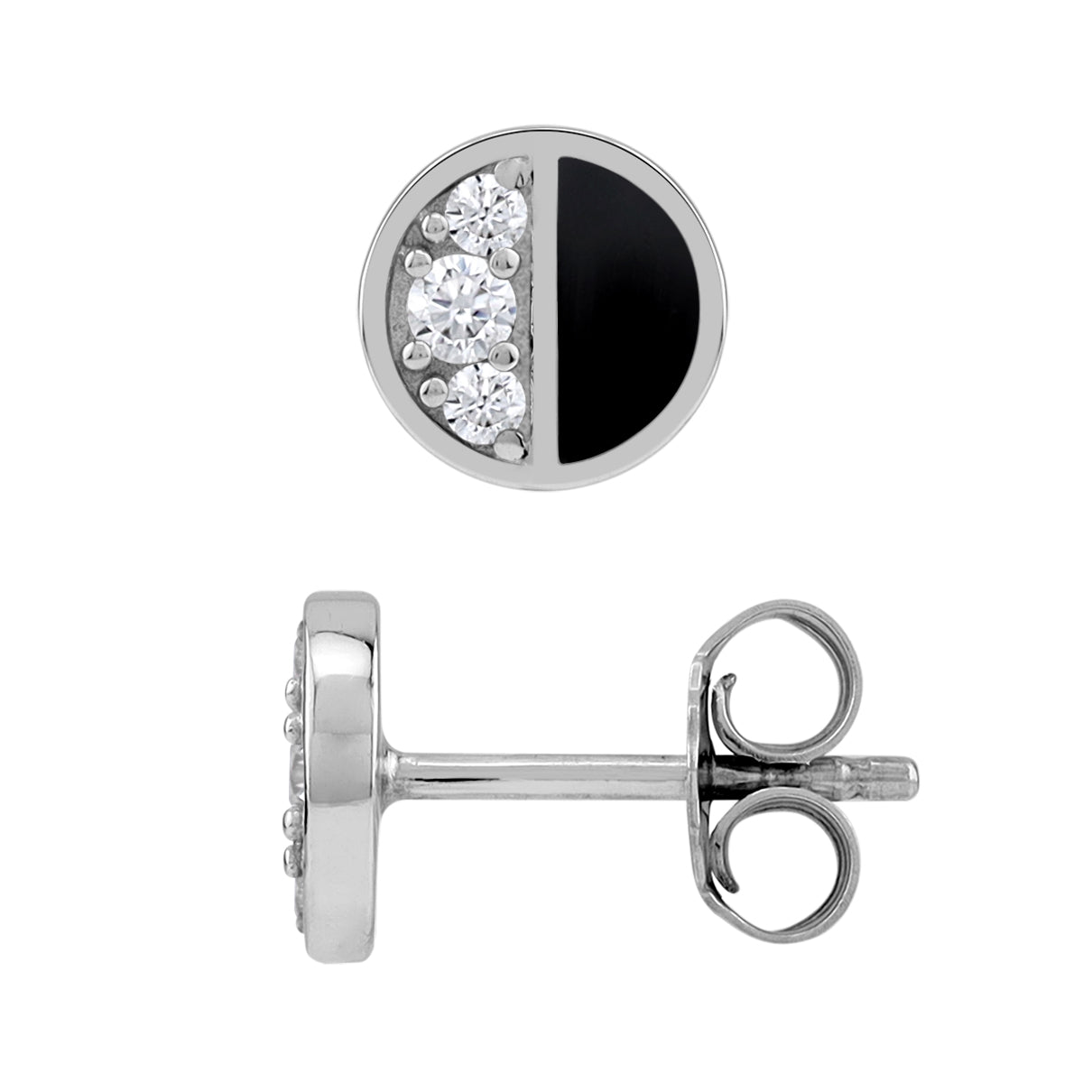 Petite Natural Black Onyx Inlay and Cubic Zirconia White Gold Plated 925 Sterling Silver Minimalist Trendy Chic Round Shape Stud Earrings Jewelry for Women - Silvershake-store