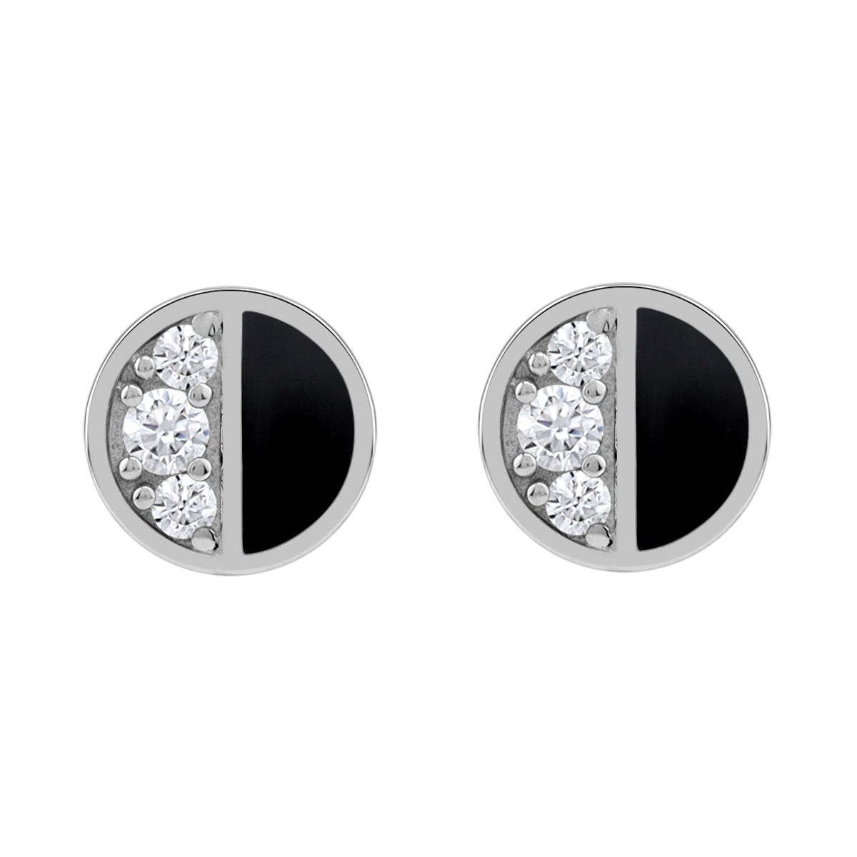 Petite Natural Black Onyx Inlay and Cubic Zirconia White Gold Plated 925 Sterling Silver Minimalist Trendy Chic Round Shape Stud Earrings Jewelry for Women - Silvershake-store