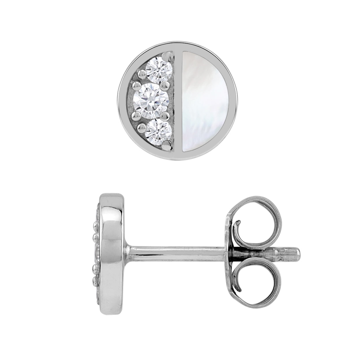 Petite Mother Of Pearl Inlay and Cubic Zirconia White Gold Plated 925 Sterling Silver Minimalist Trendy Chic Round Shape Stud Earrings Jewelry for Women - Silvershake-store