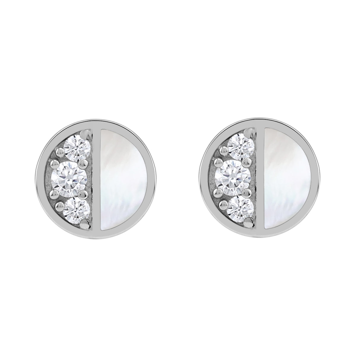 Petite Mother Of Pearl Inlay and Cubic Zirconia White Gold Plated 925 Sterling Silver Minimalist Trendy Chic Round Shape Stud Earrings Jewelry for Women - Silvershake-store