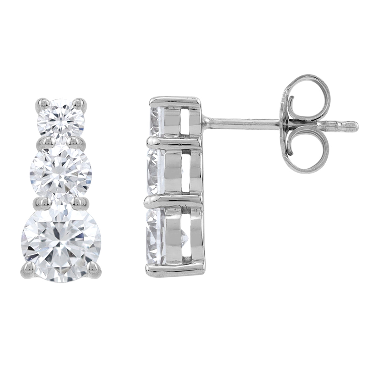 3-Stone Round Shape Cubic Zirconia White Gold Plated 925 Sterling Silver Graduated Stud Post Earrings April Gemstone Birthstone Jewelry for Women - Silvershake-store