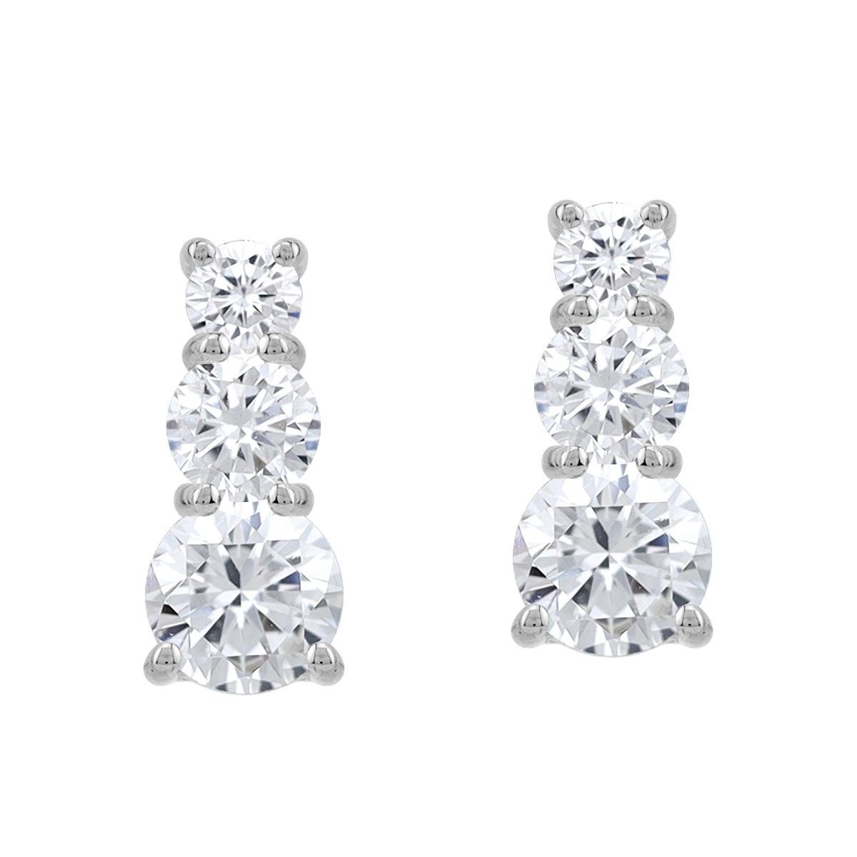 3-Stone Round Shape Cubic Zirconia White Gold Plated 925 Sterling Silver Graduated Stud Post Earrings April Gemstone Birthstone Jewelry for Women - Silvershake-store