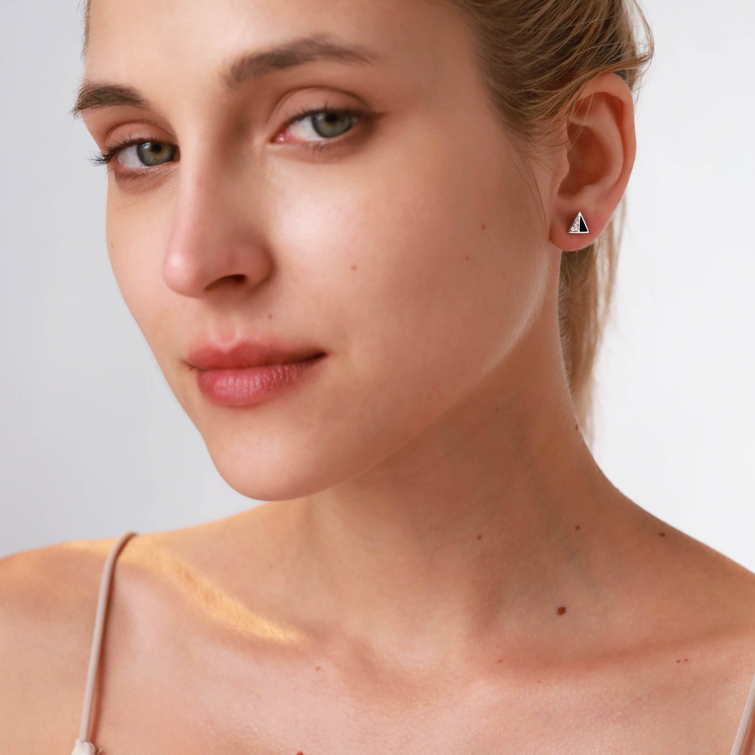 Petite Natural Black Onyx Inlay and Cubic Zirconia White Gold Plated 925 Sterling Silver Minimalist Trendy Chic Triangle Shape Stud Earrings Jewelry for Women - Silvershake-store