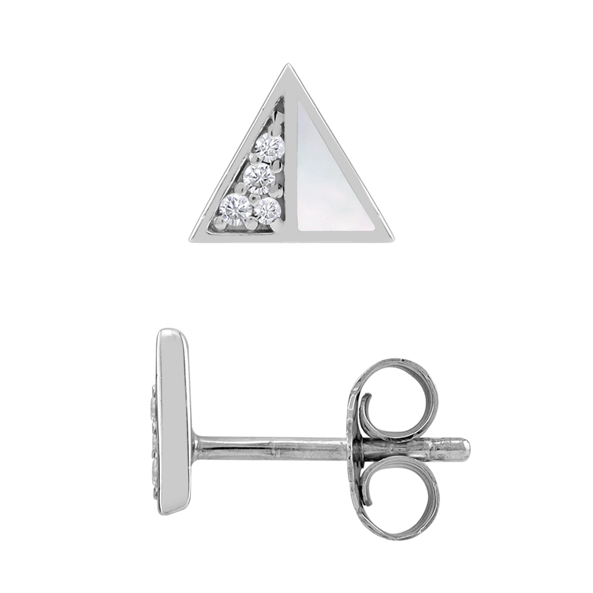Petite Mother Of Pearl Inlay and Cubic Zirconia White Gold Plated 925 Sterling Silver Minimalist Trendy Chic Triangle Shape Stud Earrings Jewelry for Women - Silvershake-store
