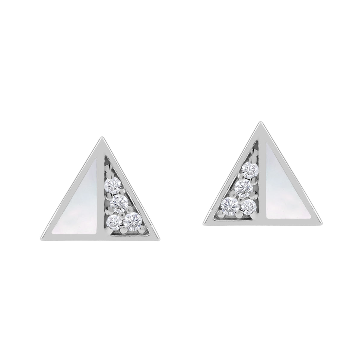 Petite Mother Of Pearl Inlay and Cubic Zirconia White Gold Plated 925 Sterling Silver Minimalist Trendy Chic Triangle Shape Stud Earrings Jewelry for Women - Silvershake-store