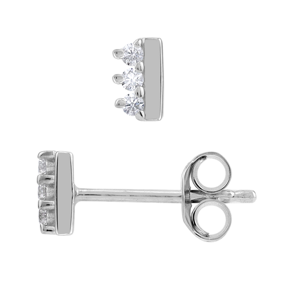 Extra Ultra Petite 3-Stone Cubic Zirconia White Gold Plated 925 Sterling Silver Minimalist Trendy Chic Bar Casual Stud Earrings April Gemstone Birthstone Jewelry for Women - Silvershake-store