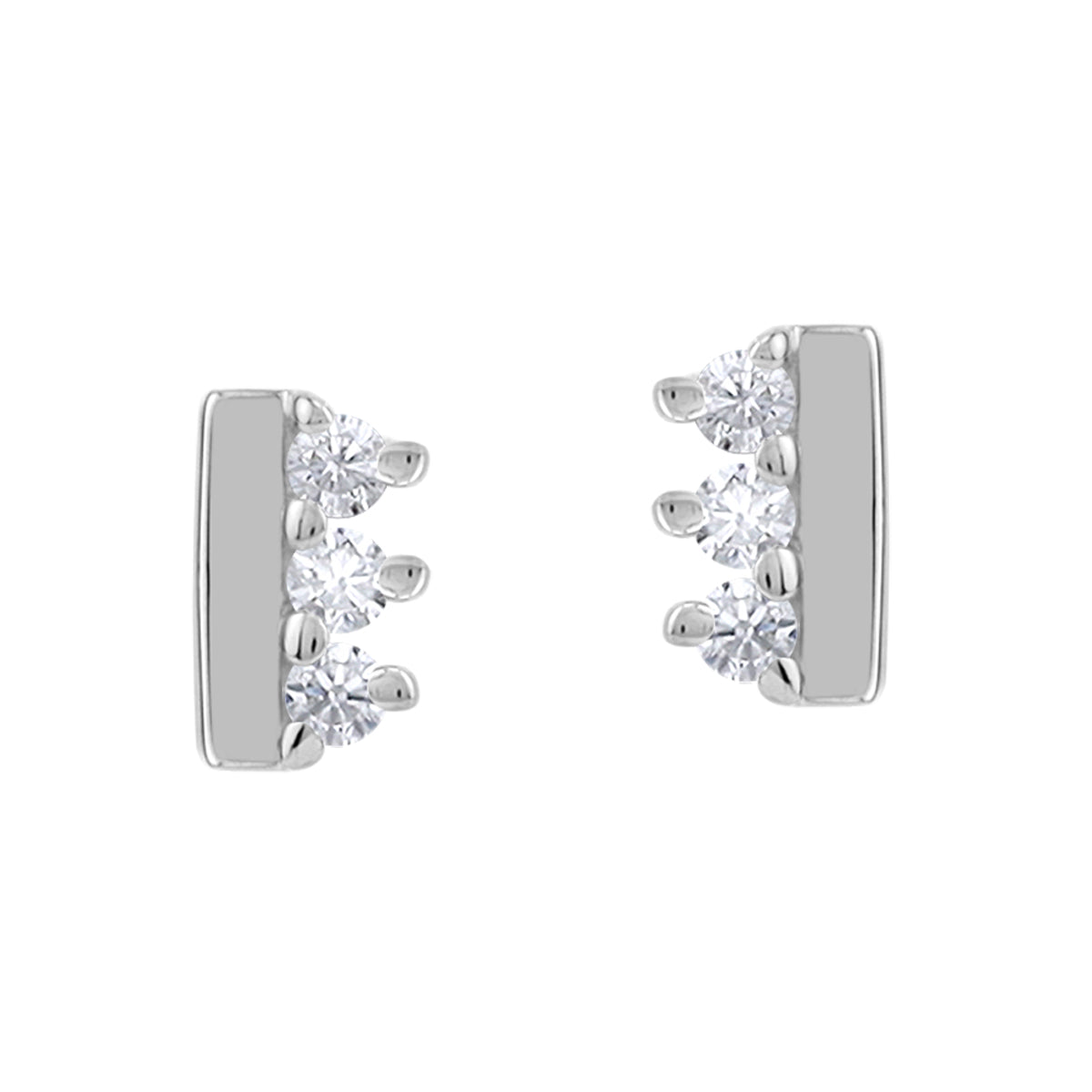 Extra Ultra Petite 3-Stone Cubic Zirconia White Gold Plated 925 Sterling Silver Minimalist Trendy Chic Bar Casual Stud Earrings April Gemstone Birthstone Jewelry for Women - Silvershake-store
