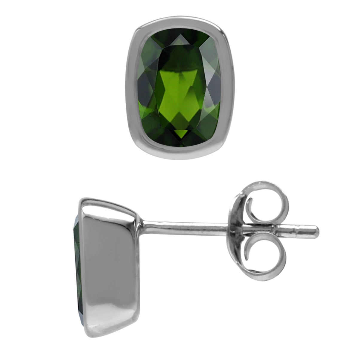 1.7 CTW 7X5mm Natural Cushion Shape Green Chrome Diopside White Gold Plated 925 Sterling Silver Business Attire Bezel Set Stud Post Gemstone Earrings Jewelry for Women - Silvershake-store