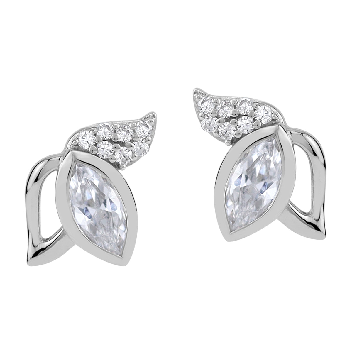 Cubic Zirconia White Gold Plated 925 Sterling Silver Minimalist Flower & Leaf Trendy Chic Stud Post Earrings April Gemstone Birthstone Jewelry for Women - Silvershake-store