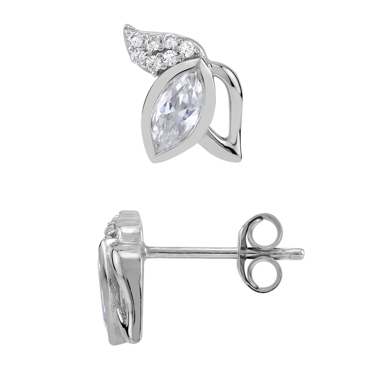Cubic Zirconia White Gold Plated 925 Sterling Silver Minimalist Flower & Leaf Trendy Chic Stud Post Earrings April Gemstone Birthstone Jewelry for Women - Silvershake-store