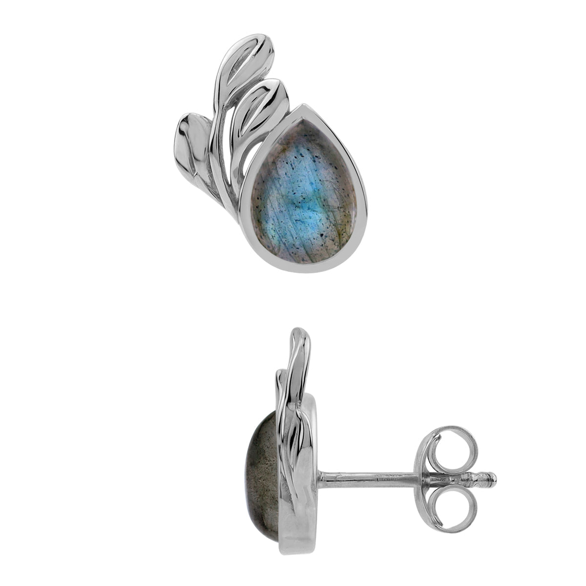 8X6mm Natural Pear Shape Labradorite White Gold Plated 925 Sterling Silver Leaf Casual Stud Post Gemstone Earrings Jewelry for Women - Silvershake-store