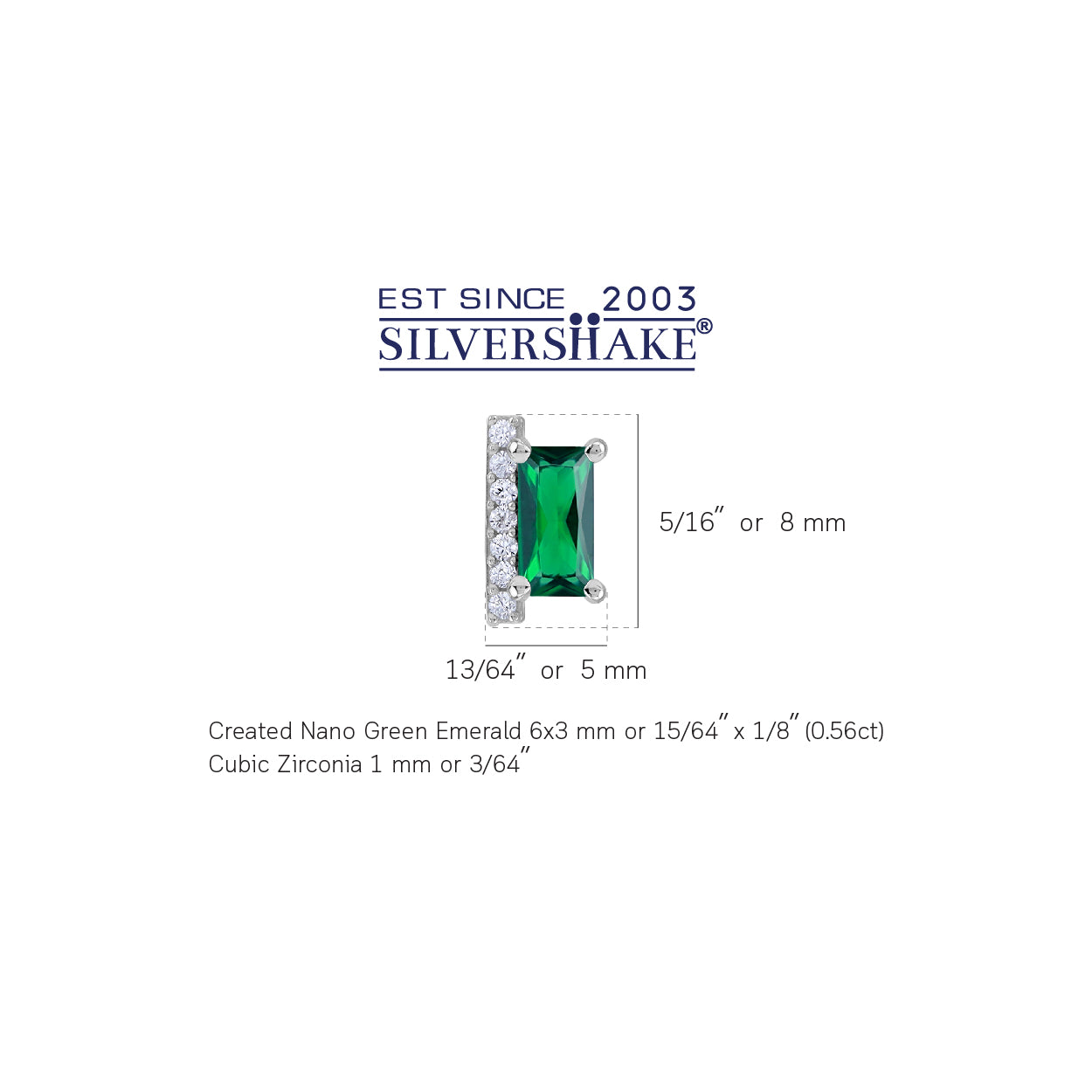 6X3mm Created Baguette Shape Nano Green Emerald White Gold Plated 925 Sterling Silver Minimalist Trendy Chic Stud Post Earrings May Gemstone Birthstone Jewelry for Women - Silvershake-store