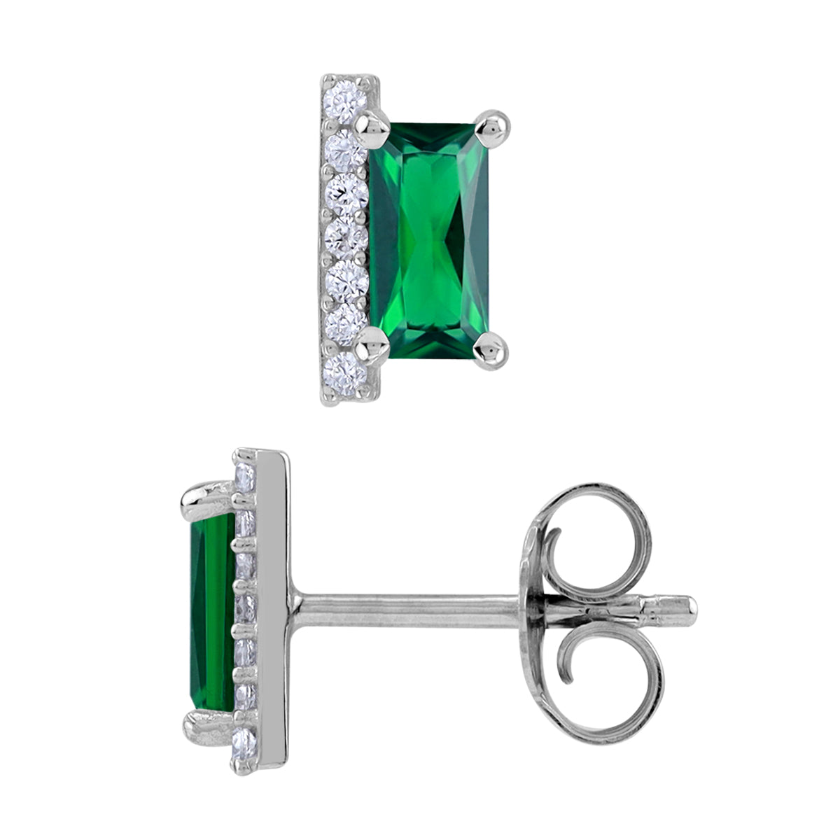 6X3mm Created Baguette Shape Nano Green Emerald White Gold Plated 925 Sterling Silver Minimalist Trendy Chic Stud Post Earrings May Gemstone Birthstone Jewelry for Women - Silvershake-store