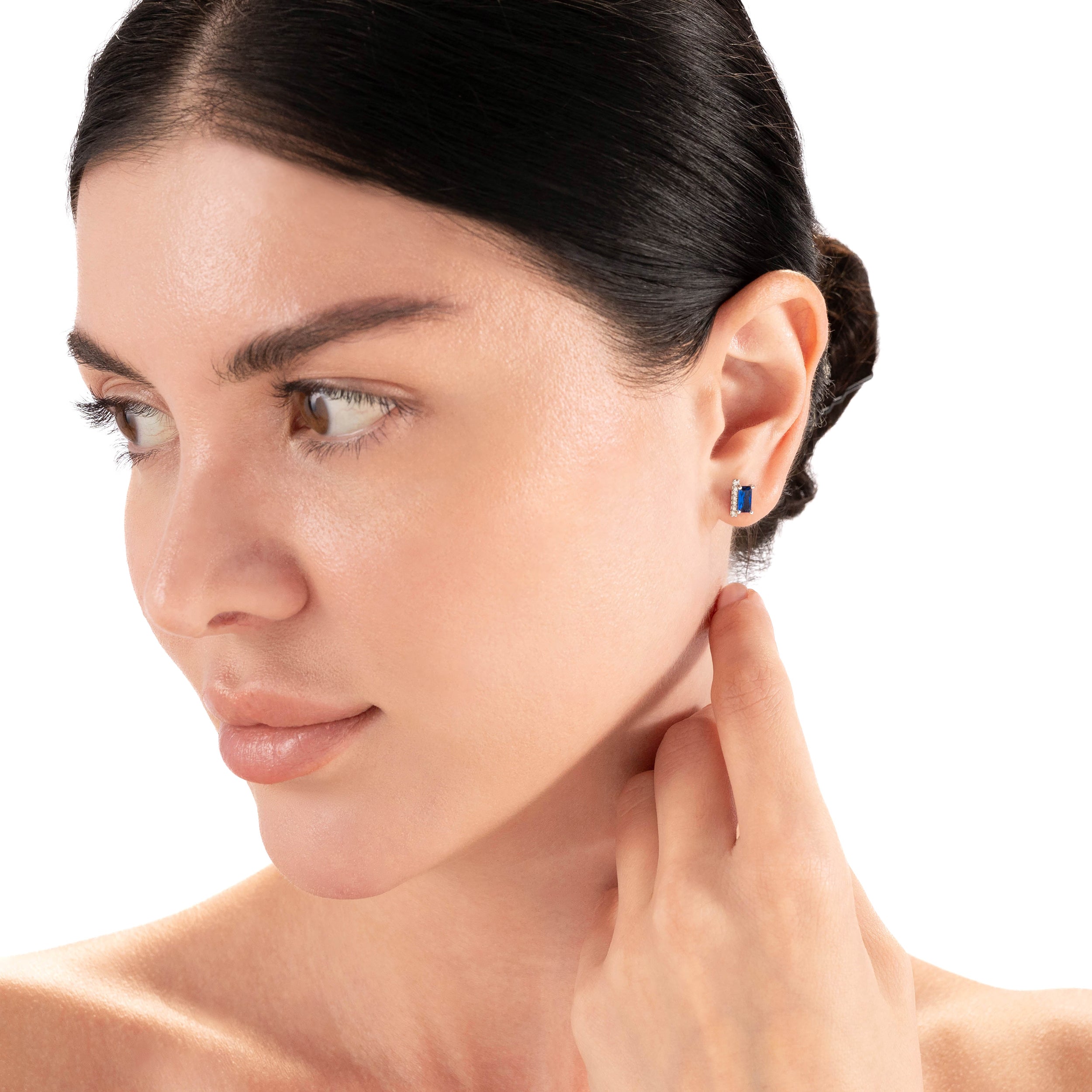 6X3mm Created Baguette Shape Sapphire Blue White Gold Plated 925 Sterling Silver Minimalist Trendy Chic Stud Post Earrings September Gemstone Birthstone Jewelry for Women - Silvershake-store