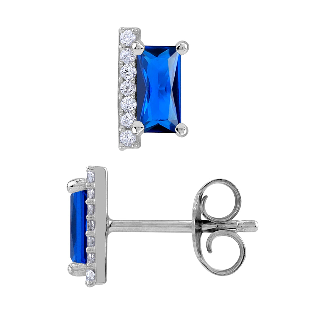 6X3mm Created Baguette Shape Sapphire Blue White Gold Plated 925 Sterling Silver Minimalist Trendy Chic Stud Post Earrings September Gemstone Birthstone Jewelry for Women - Silvershake-store