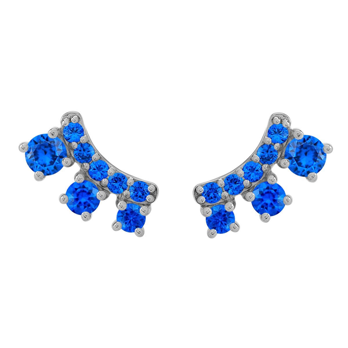 3-Stone Created Blue Sapphire White Gold Plated 925 Sterling Silver Trendy Chic Climber Horizontal Stud Earrings September Gemstone Birthstone Jewelry for Women - Silvershake-store