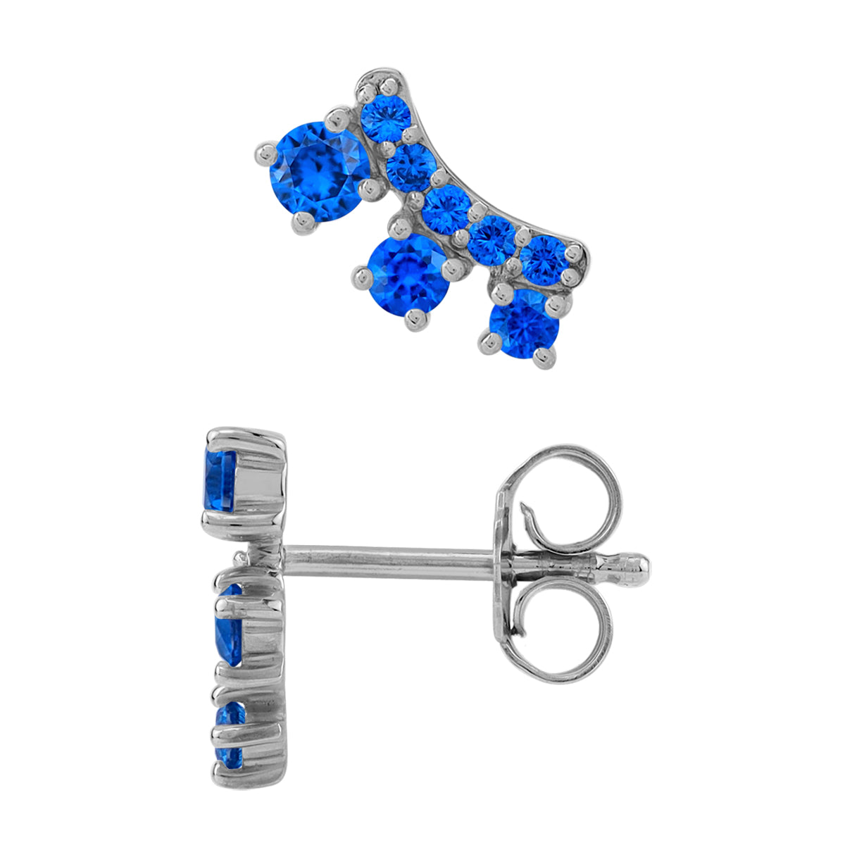 3-Stone Created Blue Sapphire White Gold Plated 925 Sterling Silver Trendy Chic Climber Horizontal Stud Earrings September Gemstone Birthstone Jewelry for Women - Silvershake-store