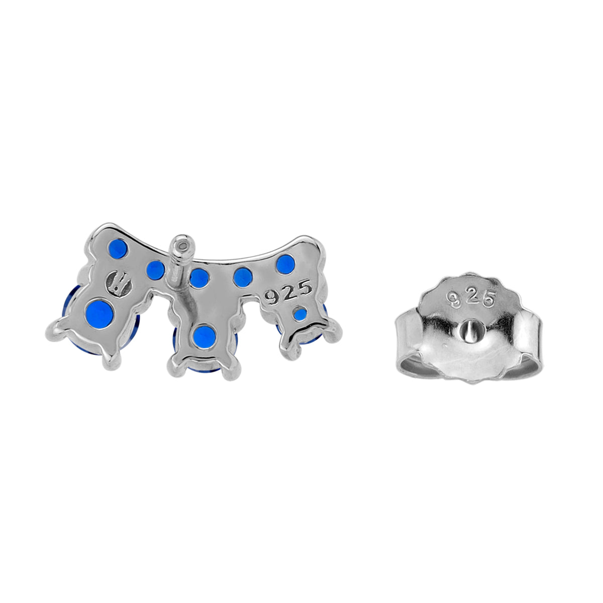3-Stone Created Blue Sapphire White Gold Plated 925 Sterling Silver Trendy Chic Climber Horizontal Stud Earrings September Gemstone Birthstone Jewelry for Women - Silvershake-store