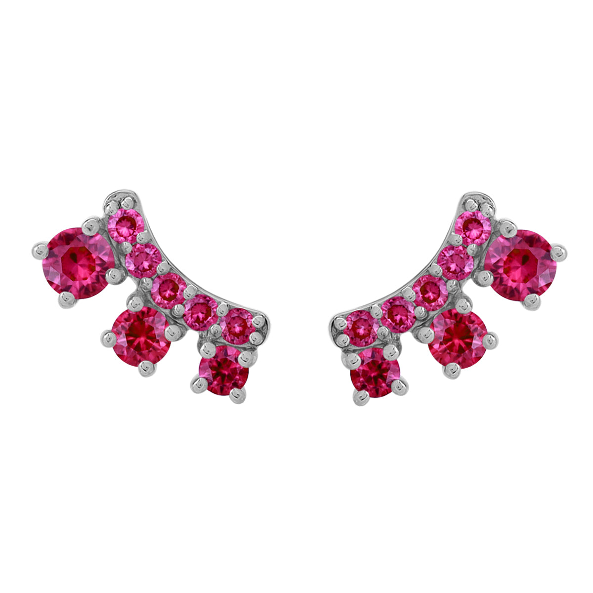 3-Stone Simulated Red Ruby White Gold Plated 925 Sterling Silver Trendy Chic Climber Horizontal Stud Earrings July Gemstone Birthstone Jewelry for Women - Silvershake-store