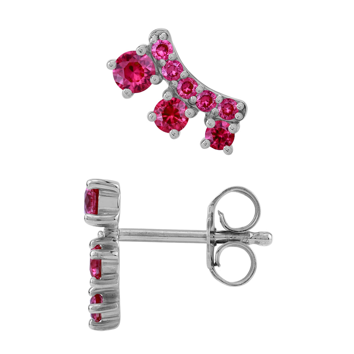 3-Stone Simulated Red Ruby White Gold Plated 925 Sterling Silver Trendy Chic Climber Horizontal Stud Earrings July Gemstone Birthstone Jewelry for Women - Silvershake-store