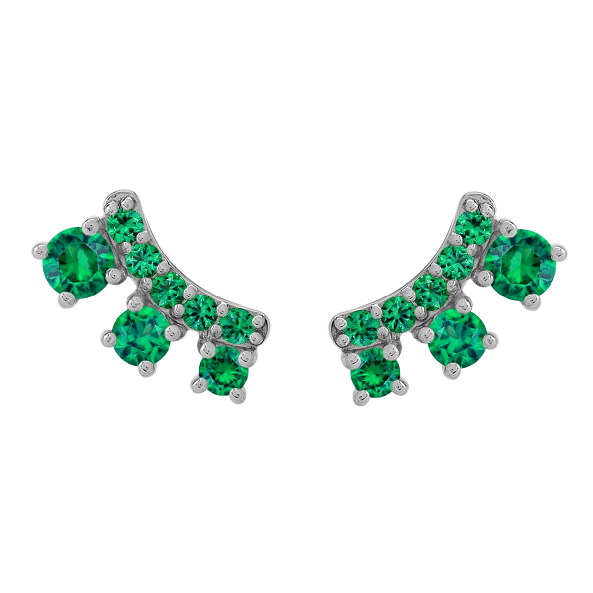 3-Stone Created Nano Green Emerald White Gold Plated 925 Sterling Silver Trendy Chic Climber Horizontal Stud Earrings May Gemstone Birthstone Jewelry for Women - Silvershake-store