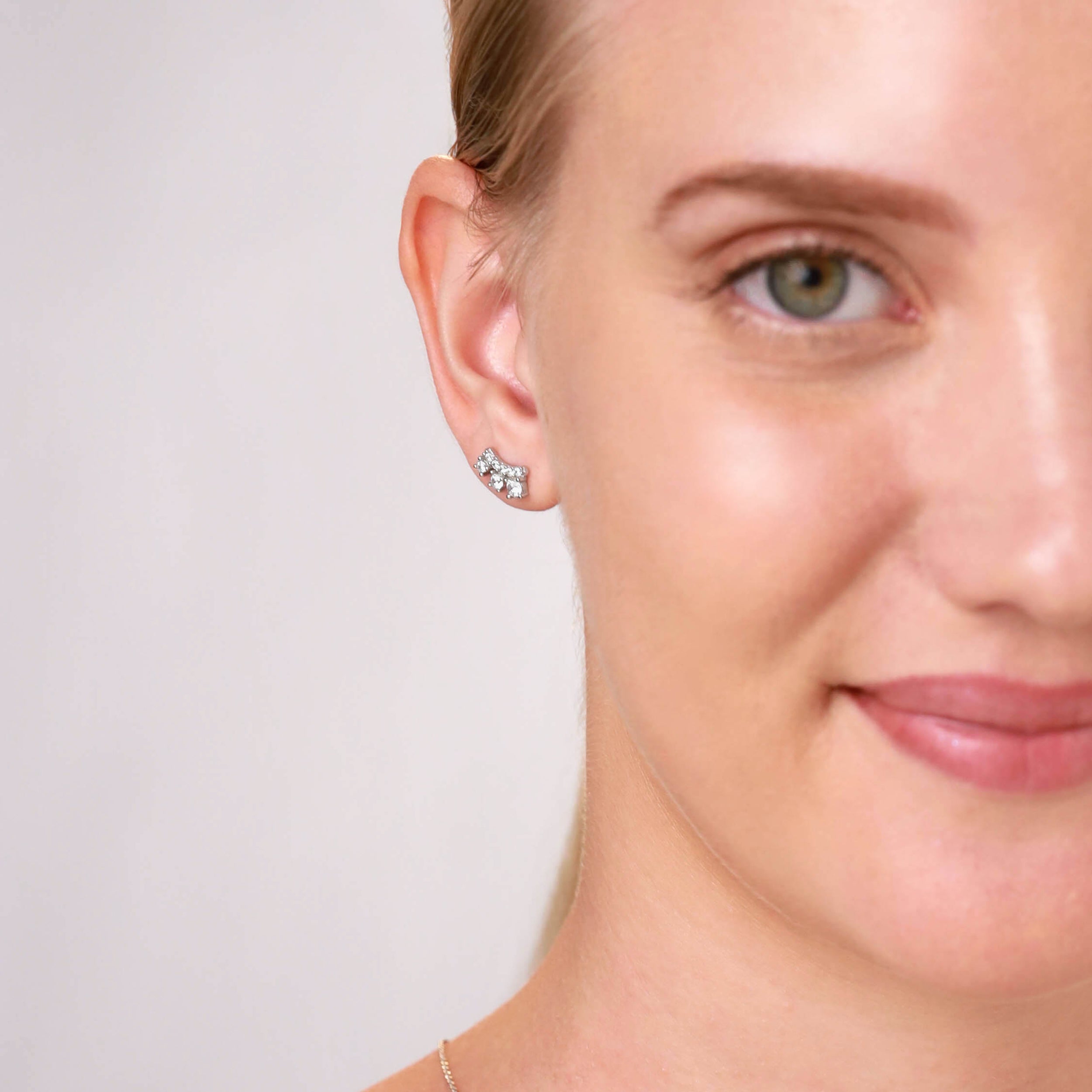 3-Stone Created Nano Green Emerald White Gold Plated 925 Sterling Silver Trendy Chic Climber Horizontal Stud Earrings May Gemstone Birthstone Jewelry for Women - Silvershake-store