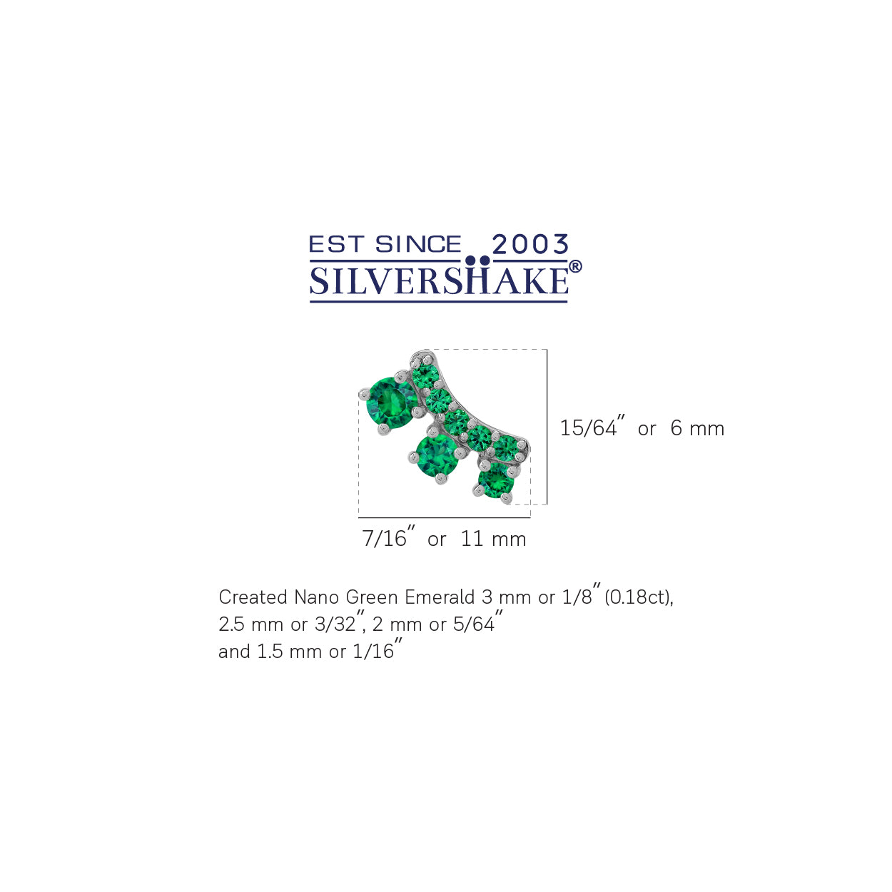 3-Stone Created Nano Green Emerald White Gold Plated 925 Sterling Silver Trendy Chic Climber Horizontal Stud Earrings May Gemstone Birthstone Jewelry for Women - Silvershake-store