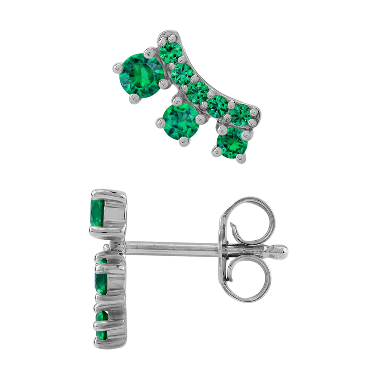 3-Stone Created Nano Green Emerald White Gold Plated 925 Sterling Silver Trendy Chic Climber Horizontal Stud Earrings May Gemstone Birthstone Jewelry for Women - Silvershake-store