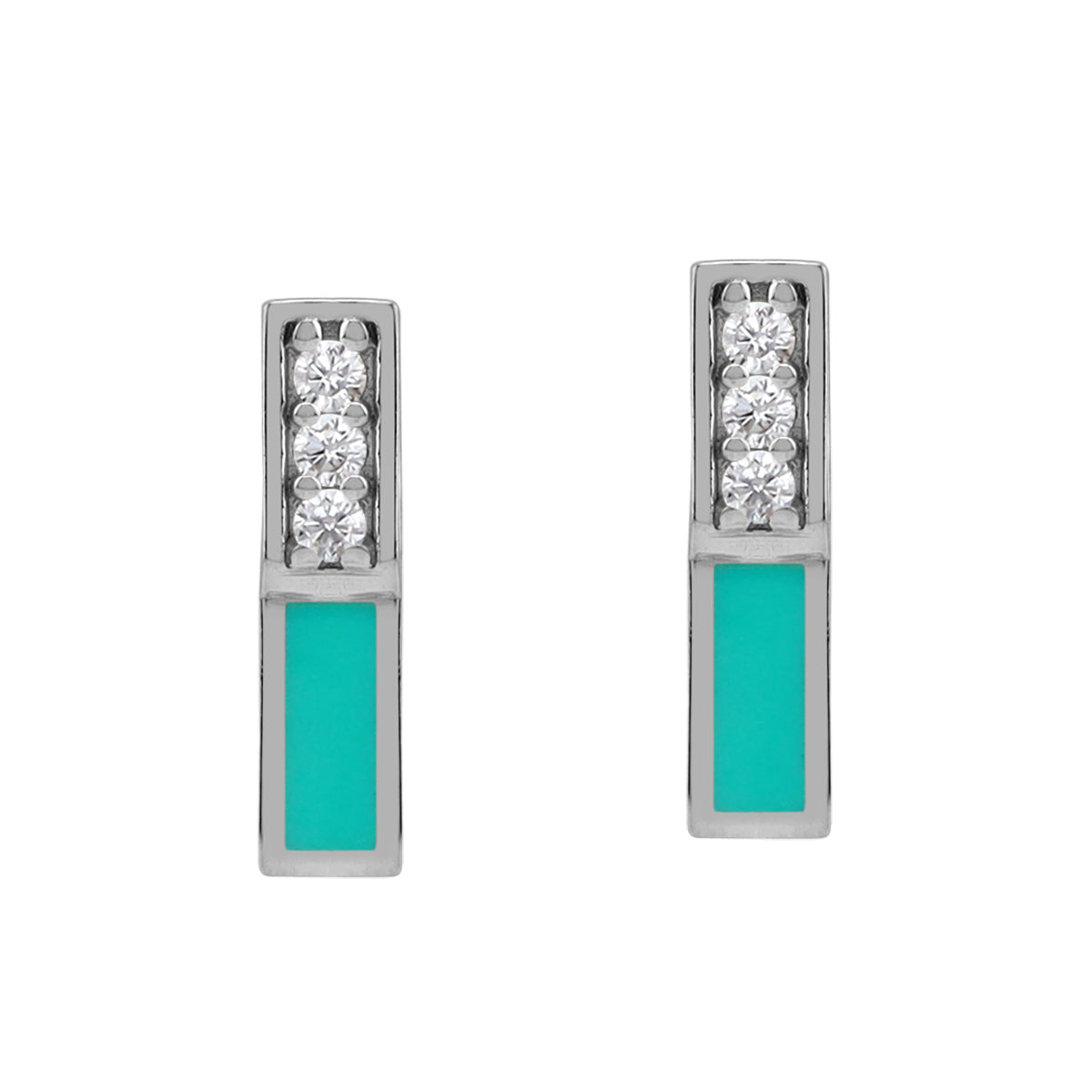 Petite Created Green Turquoise Inlay and Cubic Zirconia White Gold Plated 925 Sterling Silver Minimalist Trendy Bar Stud Post Earrings Jewelry for Women - Silvershake-store