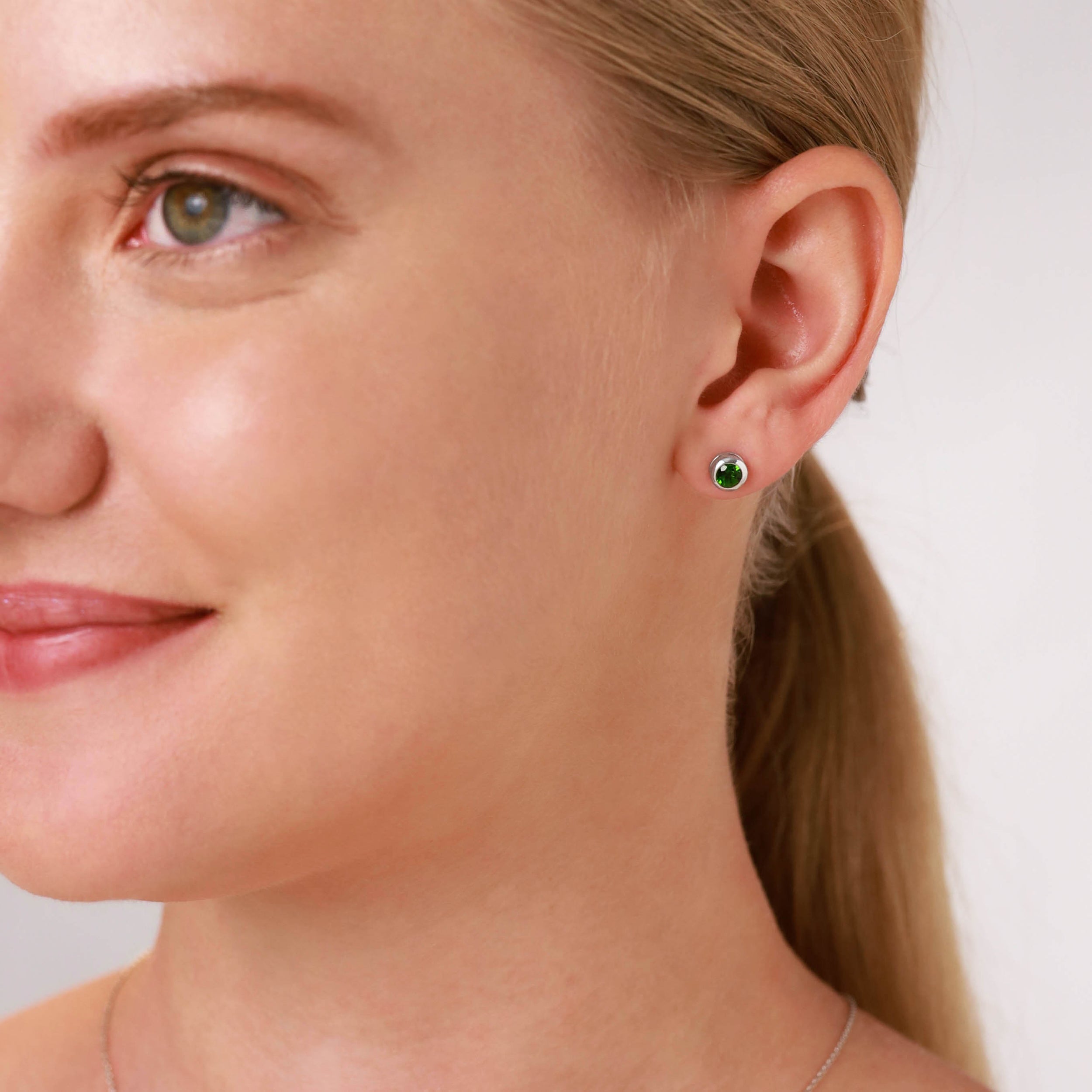 4MM Petite Natural Round Shape Green Chrome Diopside White Gold Plated 925 Sterling Silver Bezel Set Stud Gemstone Earrings for Second or Third Hole Unisex Jewelry for Women or Men - Silvershake-store