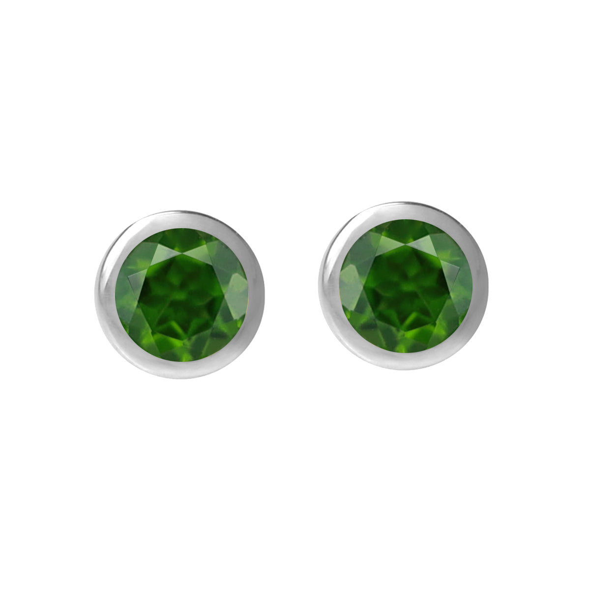 4MM Petite Natural Round Shape Green Chrome Diopside White Gold Plated 925 Sterling Silver Bezel Set Stud Gemstone Earrings for Second or Third Hole Unisex Jewelry for Women or Men - Silvershake-store