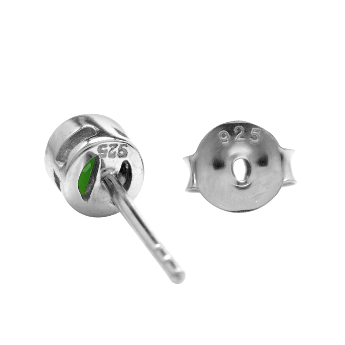 4MM Petite Natural Round Shape Green Chrome Diopside White Gold Plated 925 Sterling Silver Bezel Set Stud Gemstone Earrings for Second or Third Hole Unisex Jewelry for Women or Men - Silvershake-store
