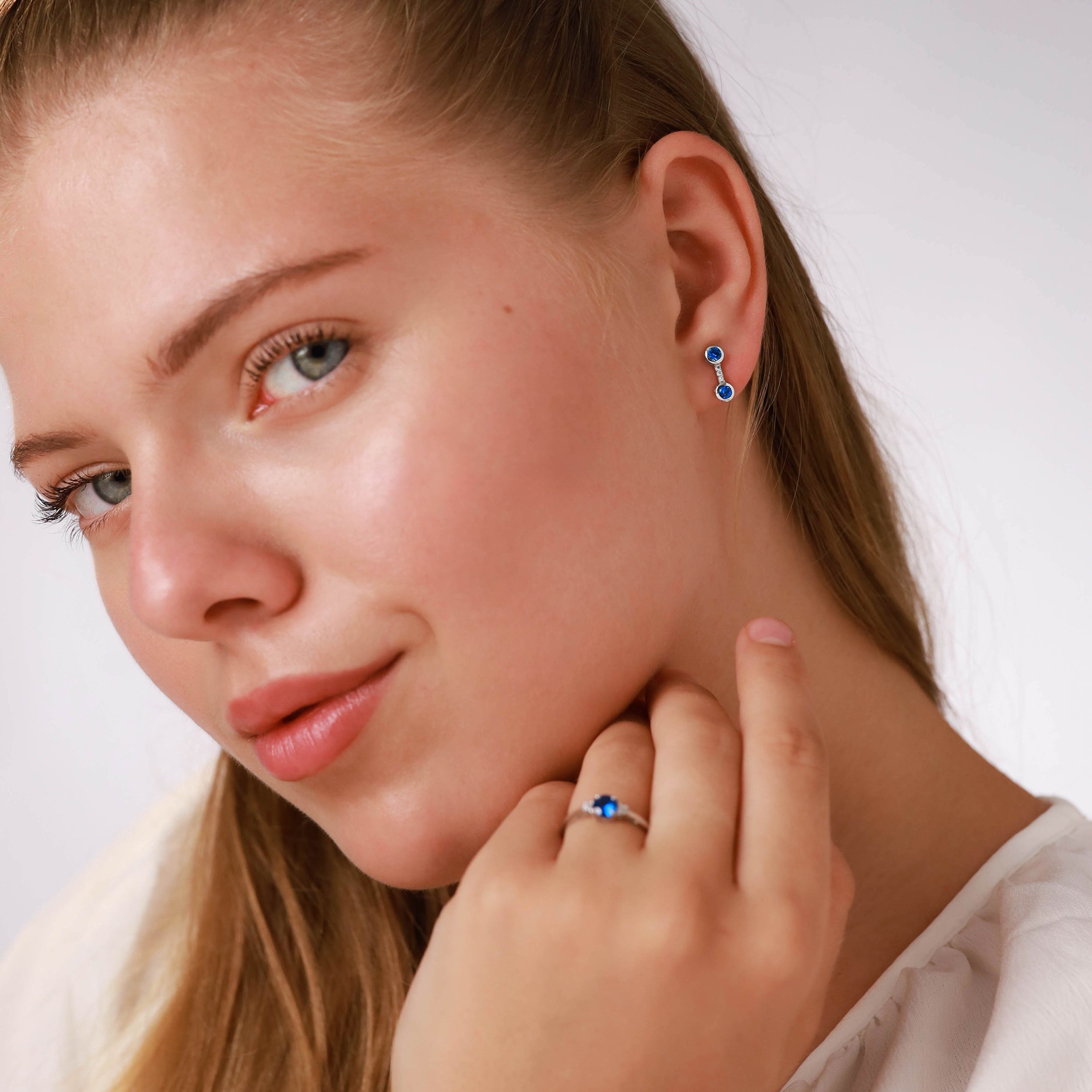 Created Blue Sapphire White Gold Plated 925 Sterling Silver Minimalist Trendy Chic Stud Post Earrings September Gemstone Birthstone Jewelry for Women - Silvershake-store