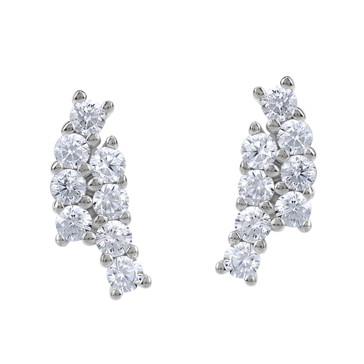 Round Shape Cubic Zirconia White Gold Plated 925 Sterling Silver Minimalist Twin Journey Trendy Chic Climber Horizontal Stud Earrings April Gemstone Birthstone Jewelry for Women - Silvershake-store