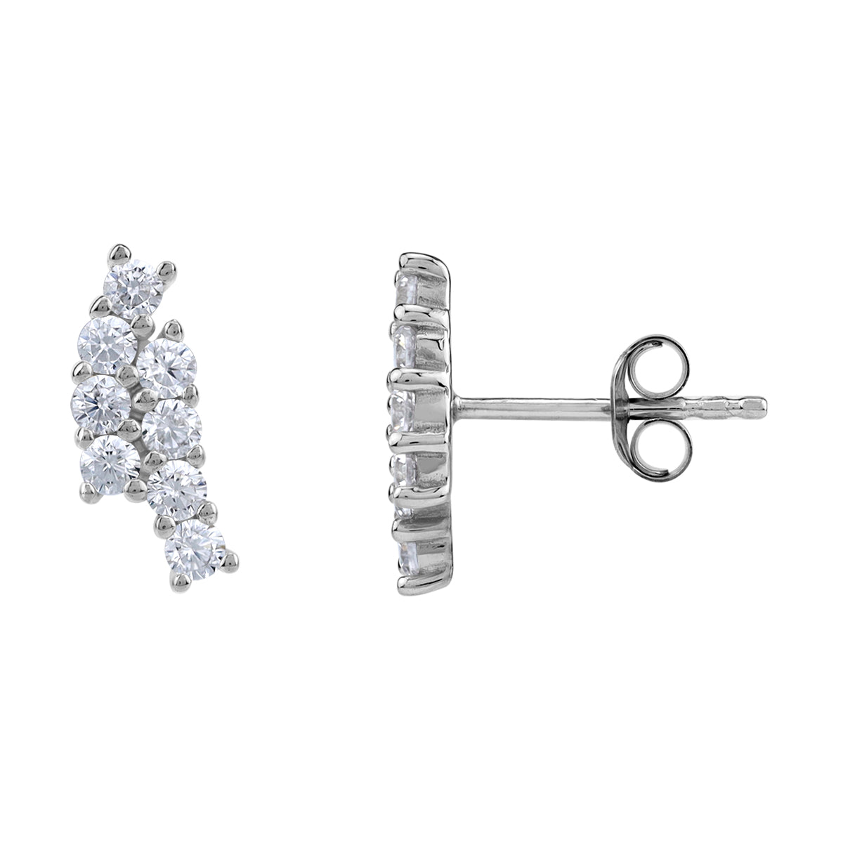 Round Shape Cubic Zirconia White Gold Plated 925 Sterling Silver Minimalist Twin Journey Trendy Chic Climber Horizontal Stud Earrings April Gemstone Birthstone Jewelry for Women - Silvershake-store