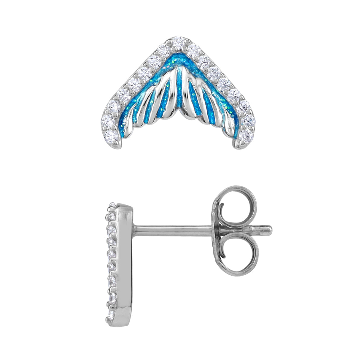 Cubic Zirconia and Blue Enamel White Gold Plated 925 Sterling Silver Dolphin / Whale Tail / Mermaid Sealife Fish Casual Stud Post Earrings April Gemstone Birthstone Jewelry for Women - Silvershake-store