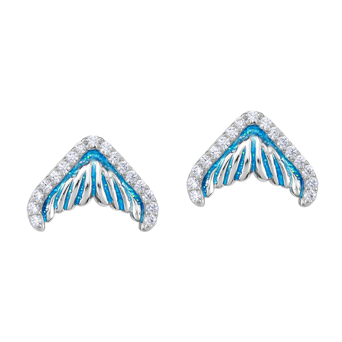 Cubic Zirconia and Blue Enamel White Gold Plated 925 Sterling Silver Dolphin / Whale Tail / Mermaid Sealife Fish Casual Stud Post Earrings April Gemstone Birthstone Jewelry for Women - Silvershake-store