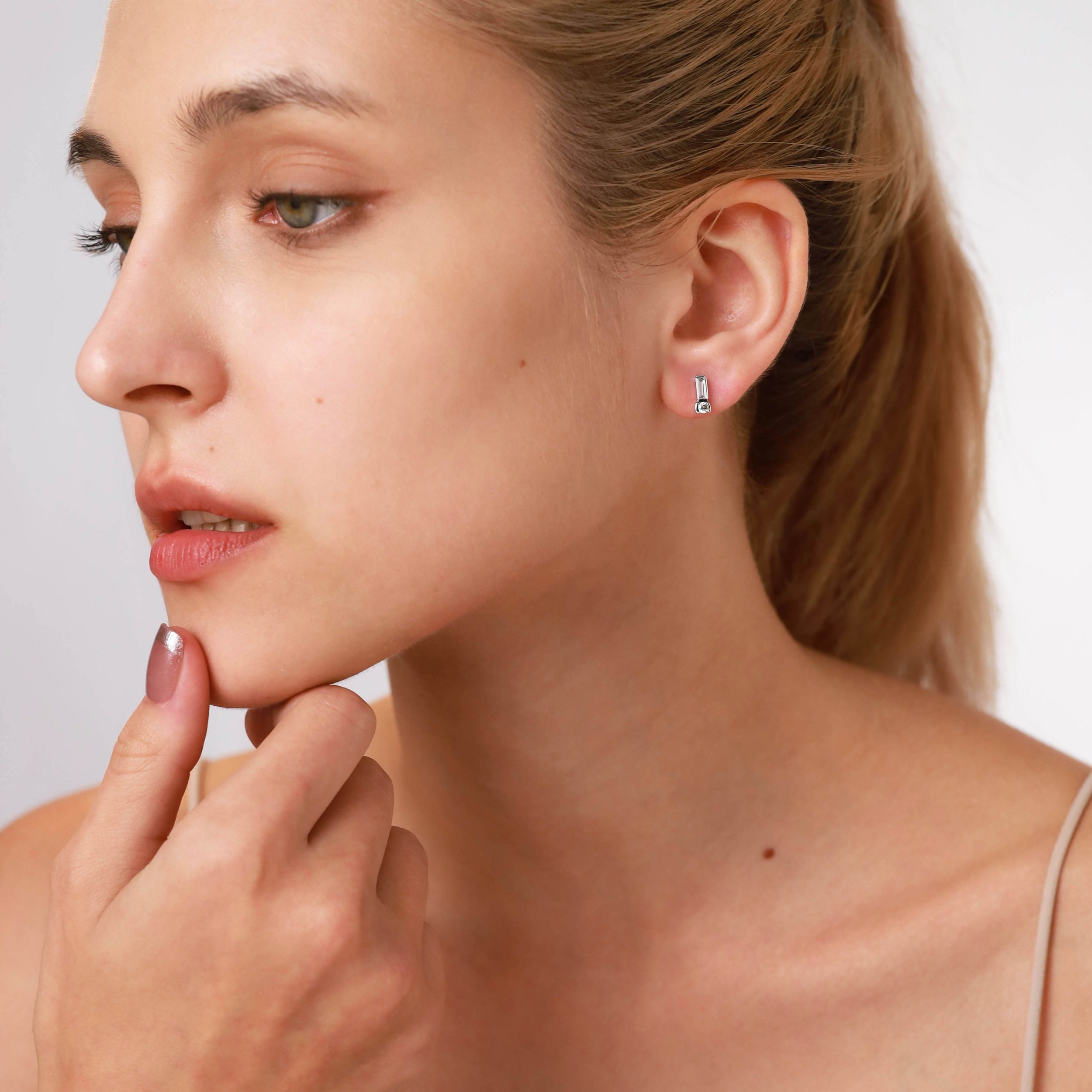 Petite Cubic Zirconia and Created Blue Sapphire White Gold Plated 925 Sterling Silver Minimalist Trendy Chic Geometric Stud Post Earrings Jewelry for Women - Silvershake-store